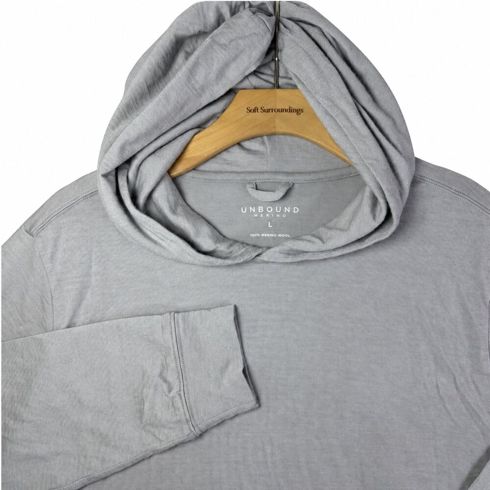 Unbound Merino Hoodie Mens Large Gray 100% Merino Wool Pullover Outdoors Hiking
